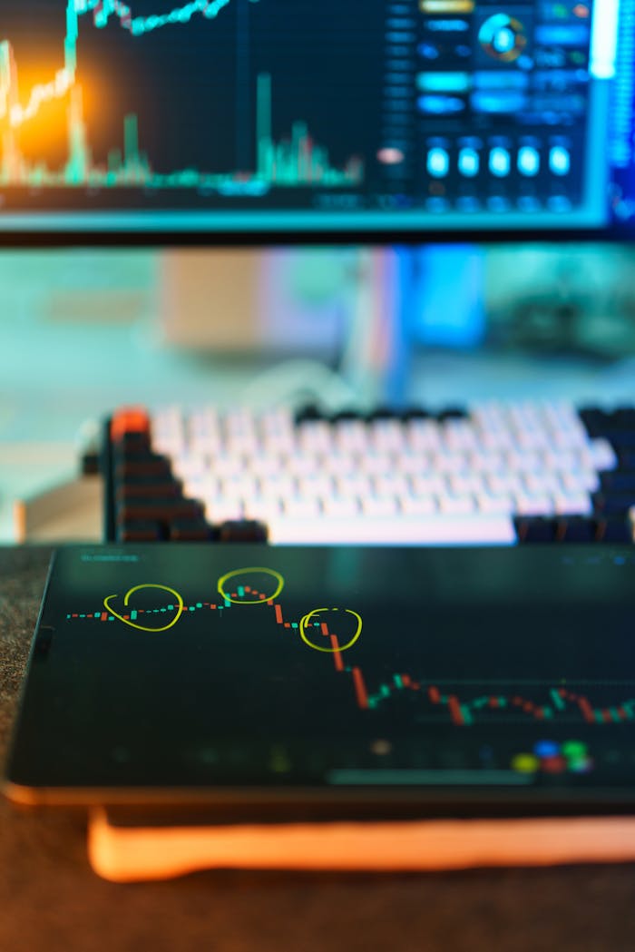 services-01 Visual of cryptocurrency trading screens displaying market analysis and candlestick charts.